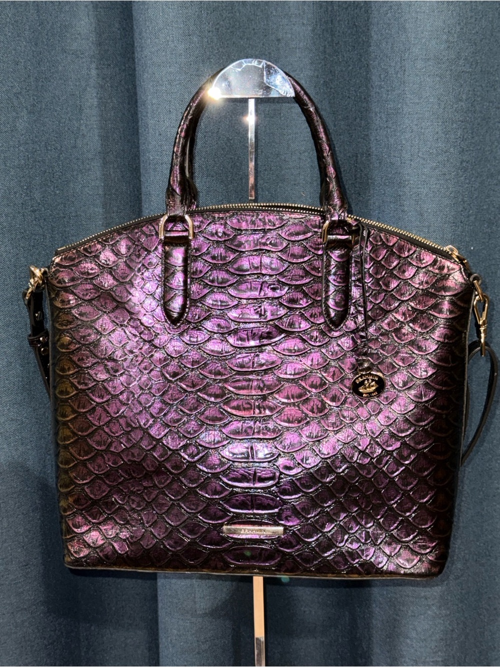 Brahmin Large Duxbury Satchel Shoulder Bag in Metallic Plum Snakeskin embossed